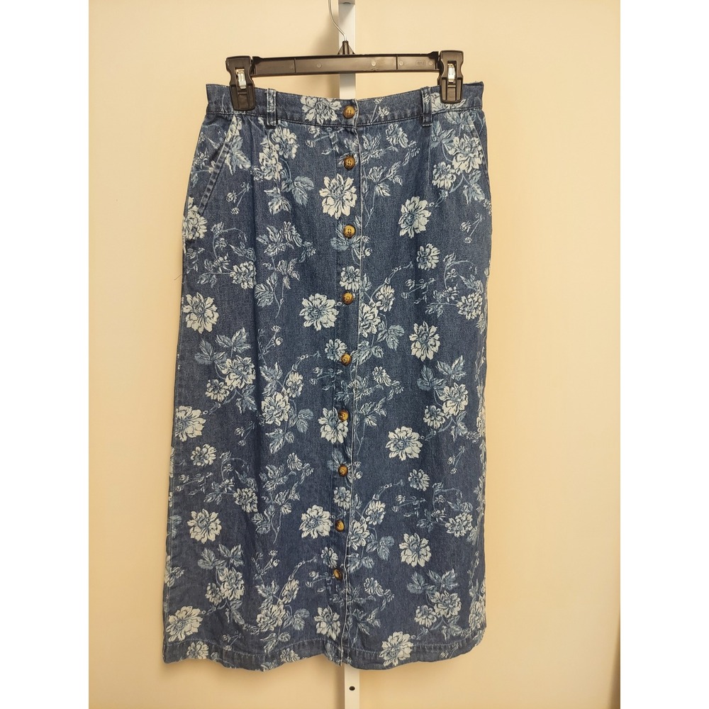 Vintage Floral Denim Button Front Midi Skirt Cottagecore 90s Western Botanical